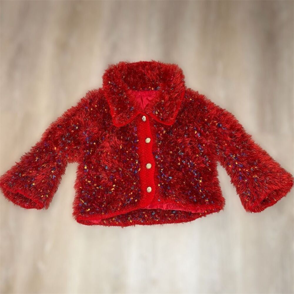 Homemade Button Up Fluffy Red & Multi Fringe Knit Cardigan Sweater, Women’s M/L